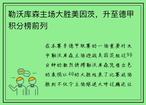 勒沃库森主场大胜美因茨，升至德甲积分榜前列